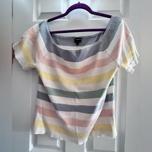 Torrid pastel pink, blue, yellow striped off the shoulder ribbed knit crop top